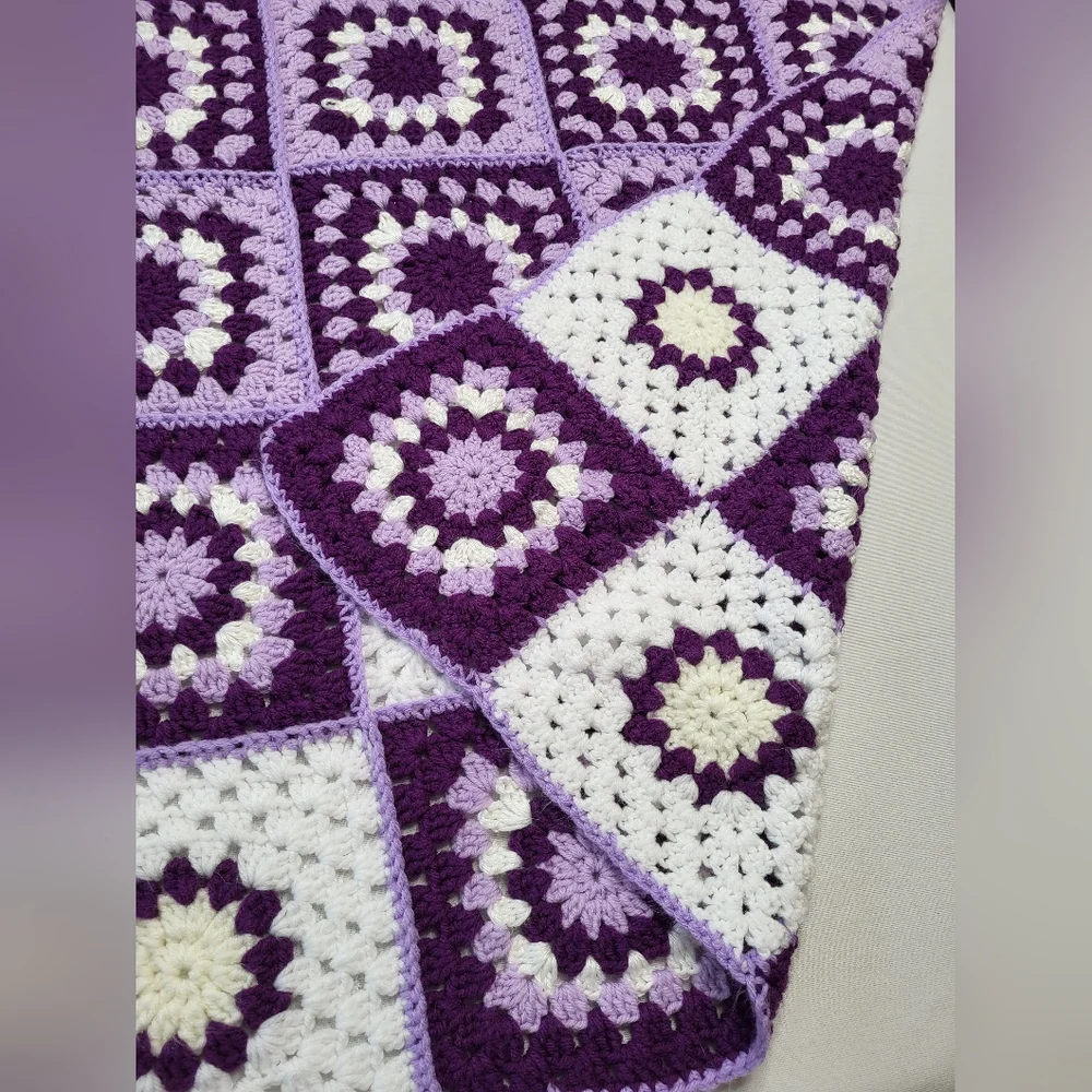 Purple and White Block Handmade Crochet Afghan Throw Lap Yarn Blanket 46